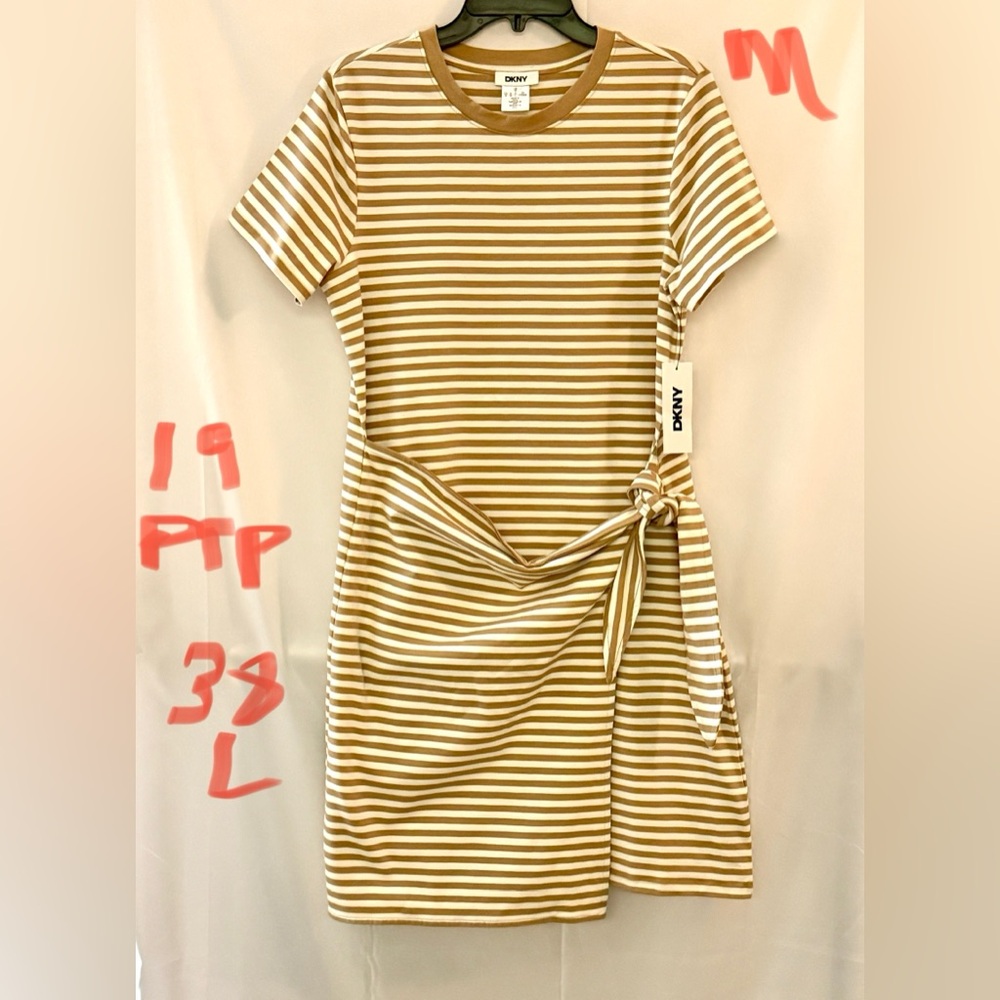 DKNY Women's Tan and White Striped Midi Dress